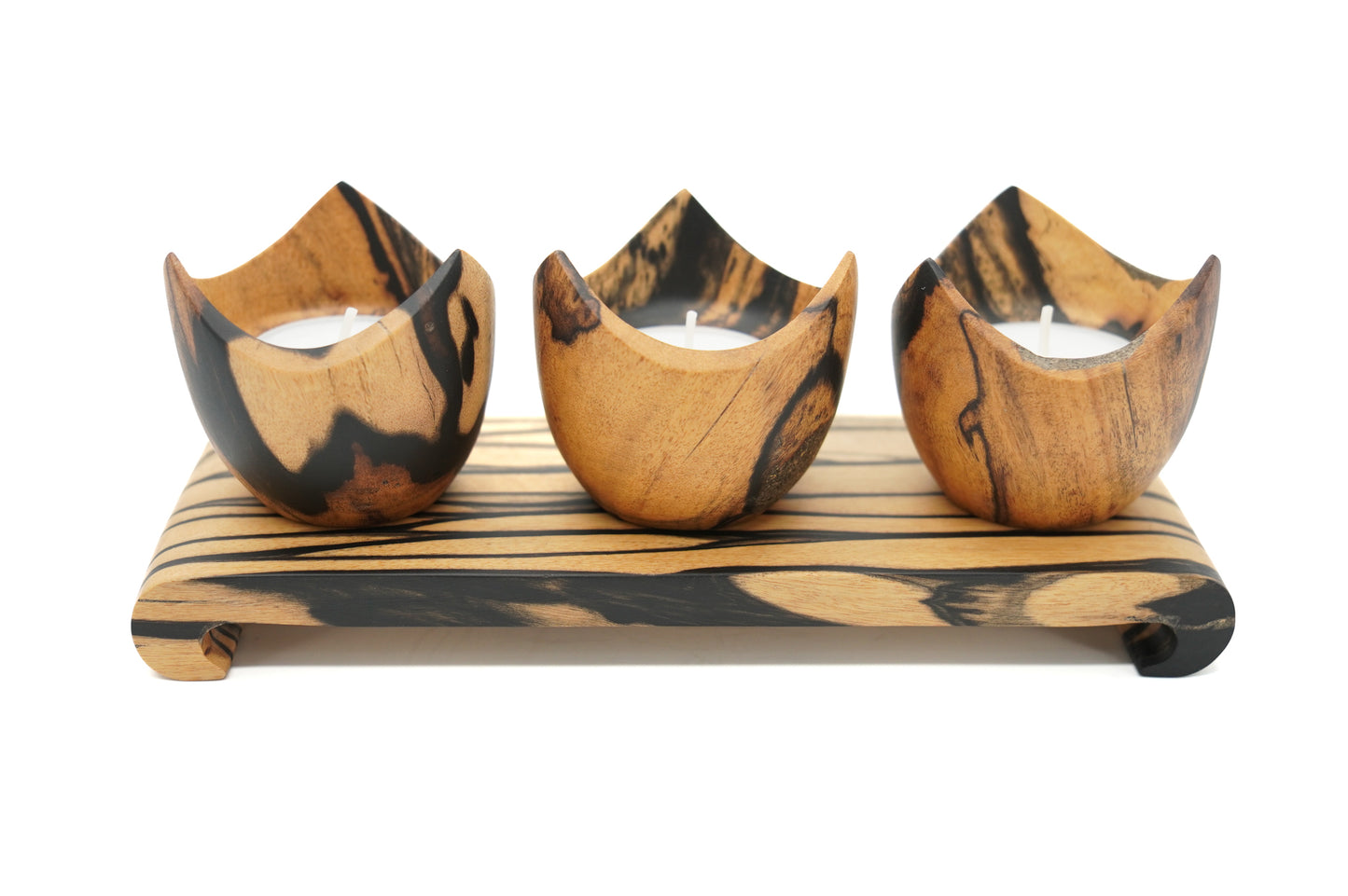 Set of 3 White Ebony Candlesticks with Black Veins - Unique Piece