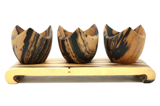 Set of 3 White Ebony Candlesticks with Black Veins - Unique Piece