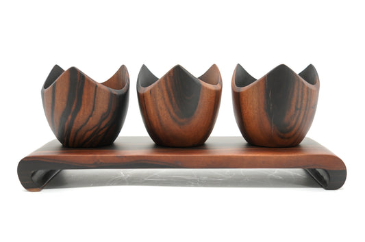 Set of 3 candlesticks in black ebony veined with red - Unique piece