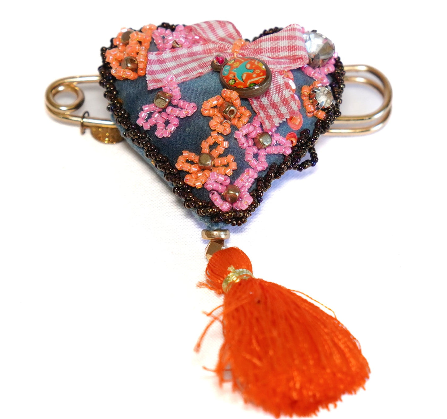Blue heart brooch with orange tassel - Unique piece