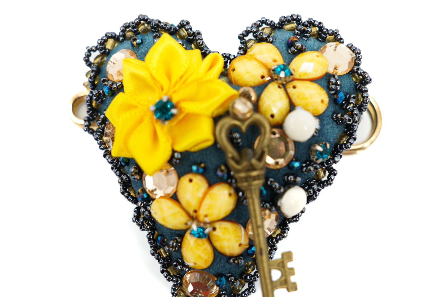 Blue and yellow heart brooch - Unique piece