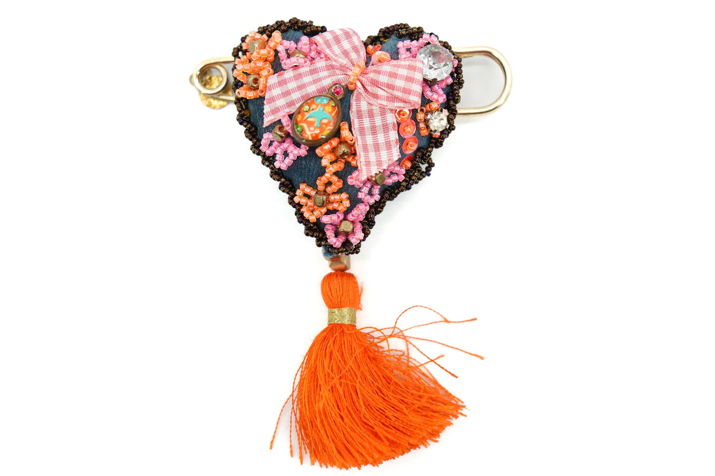 Blue heart brooch with orange tassel - Unique piece