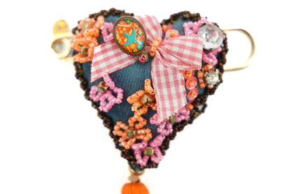 Blue heart brooch with orange tassel - Unique piece