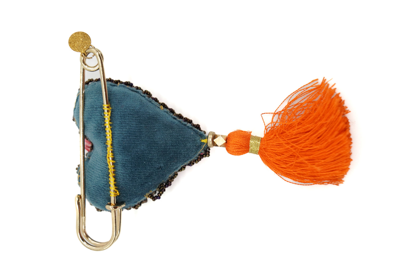 Blue heart brooch with orange tassel - Unique piece