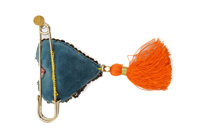 Blue heart brooch with orange tassel - Unique piece