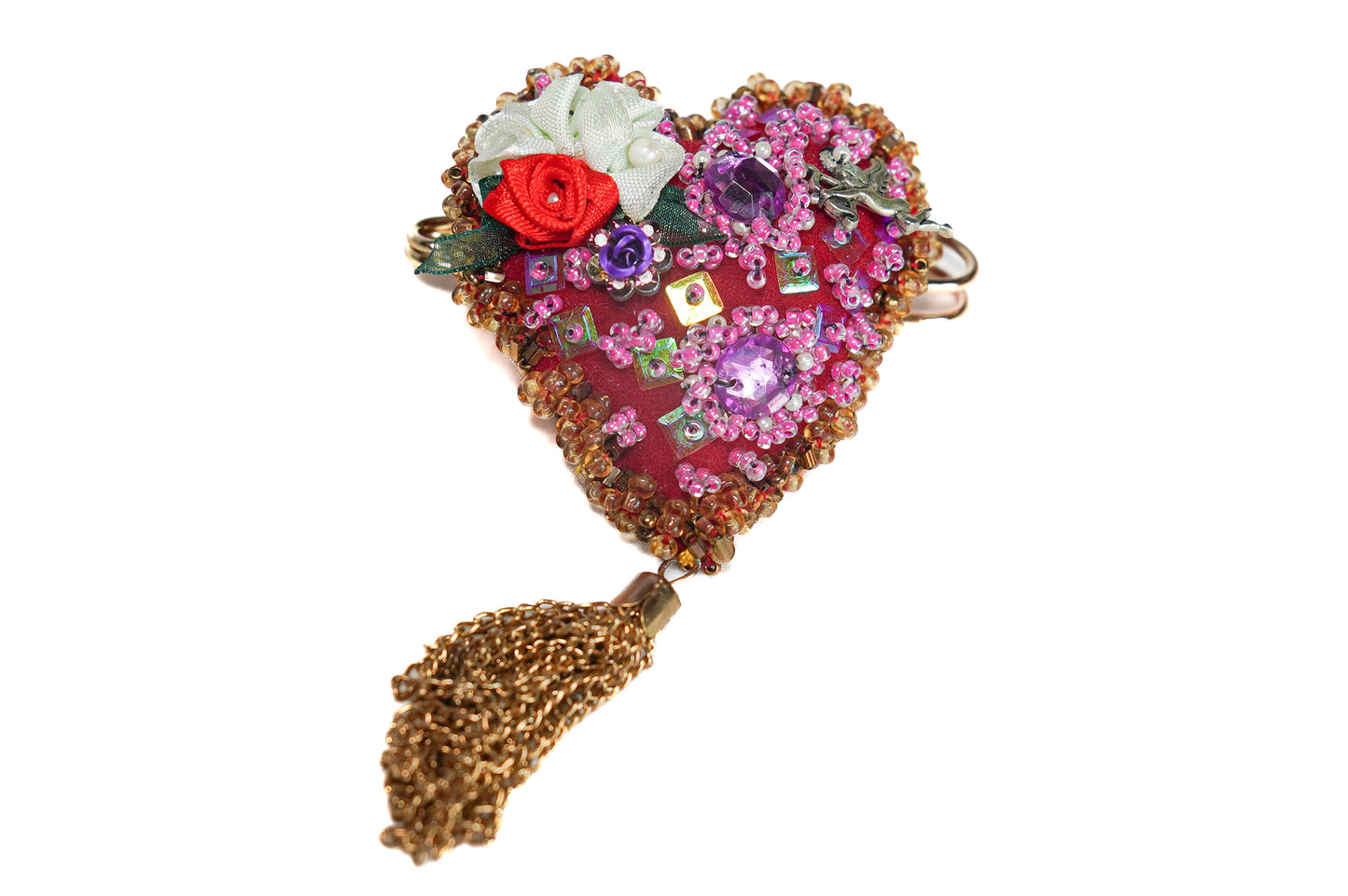 Pink heart brooch with metal tassel - Unique piece