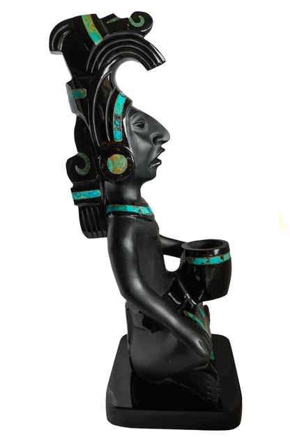 Sculpture Mexicaine en obsidienne et turquoises