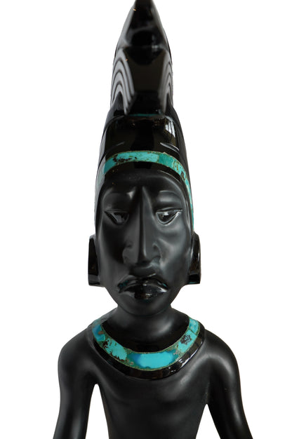 Sculpture Mexicaine en obsidienne et turquoises